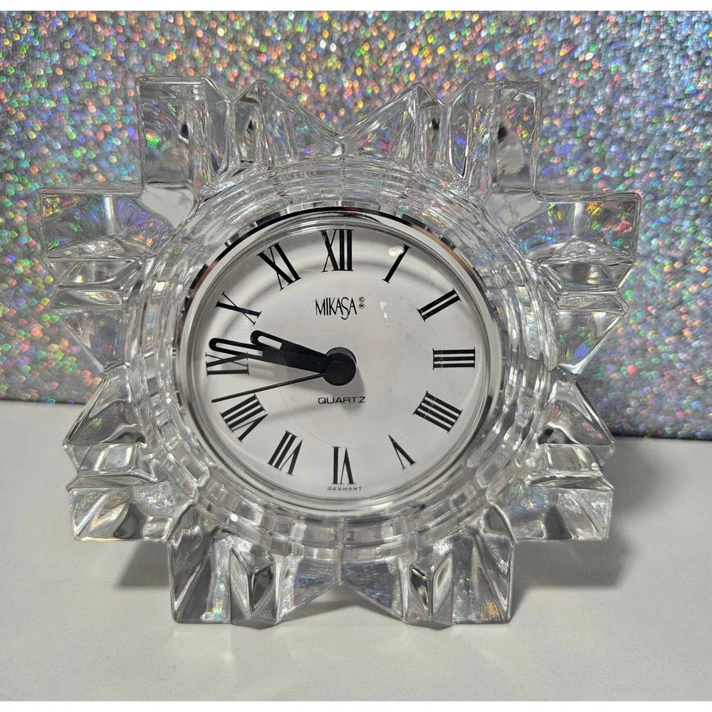 MIKASA 50s Vintage Crystal Starburst‎ Snowflake Desk Clock Quartz Germany Roman